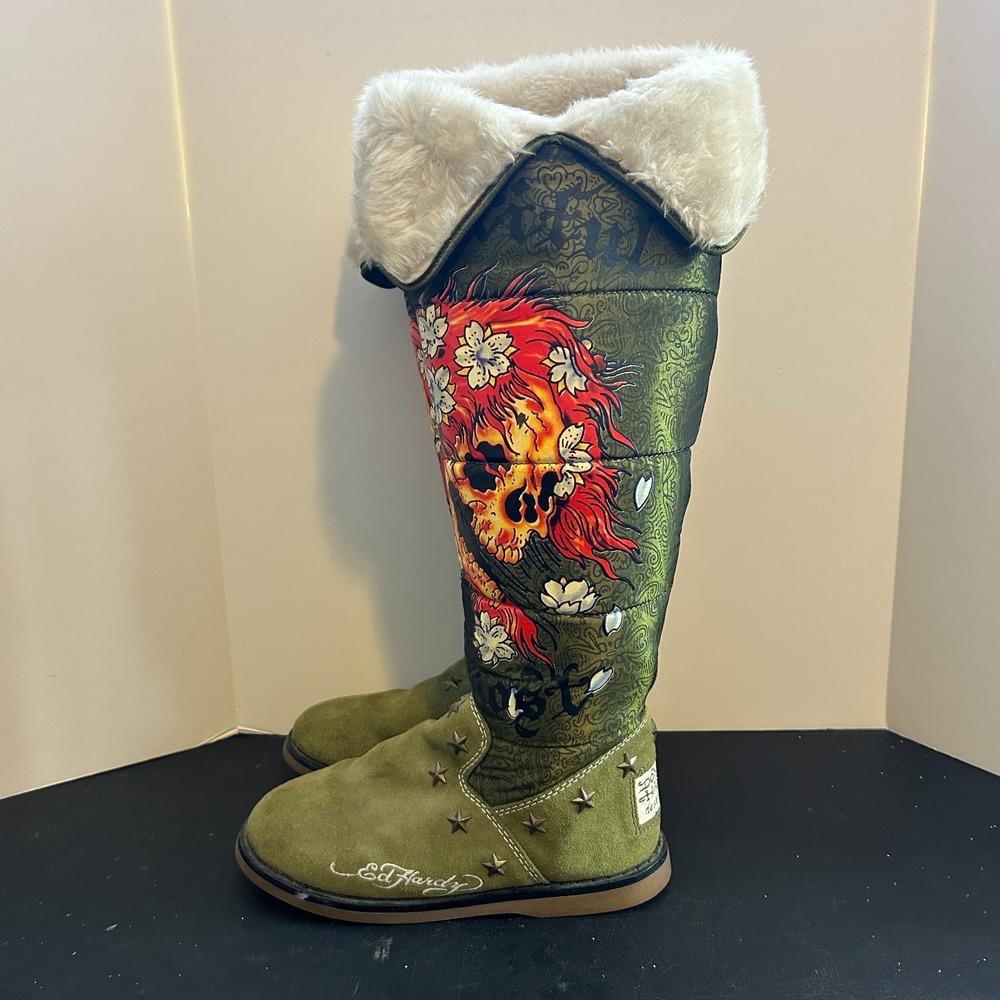 Ed Hardy Skull Flowers Tattoo Sherpa 90s Y2K Knee Boots Zip Whimisgoth Size 6